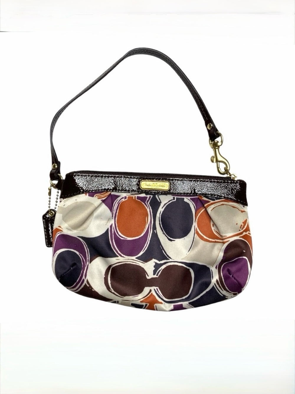 Coach Ashley Satin Signature Scarf Print & Brown Patent Leather Wristlet